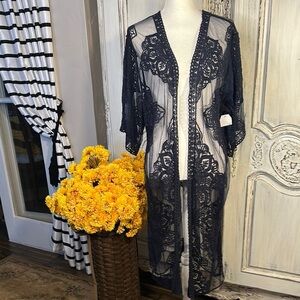 Elegant Navy Lace Kimono Swim Cover Up Duster NWT
